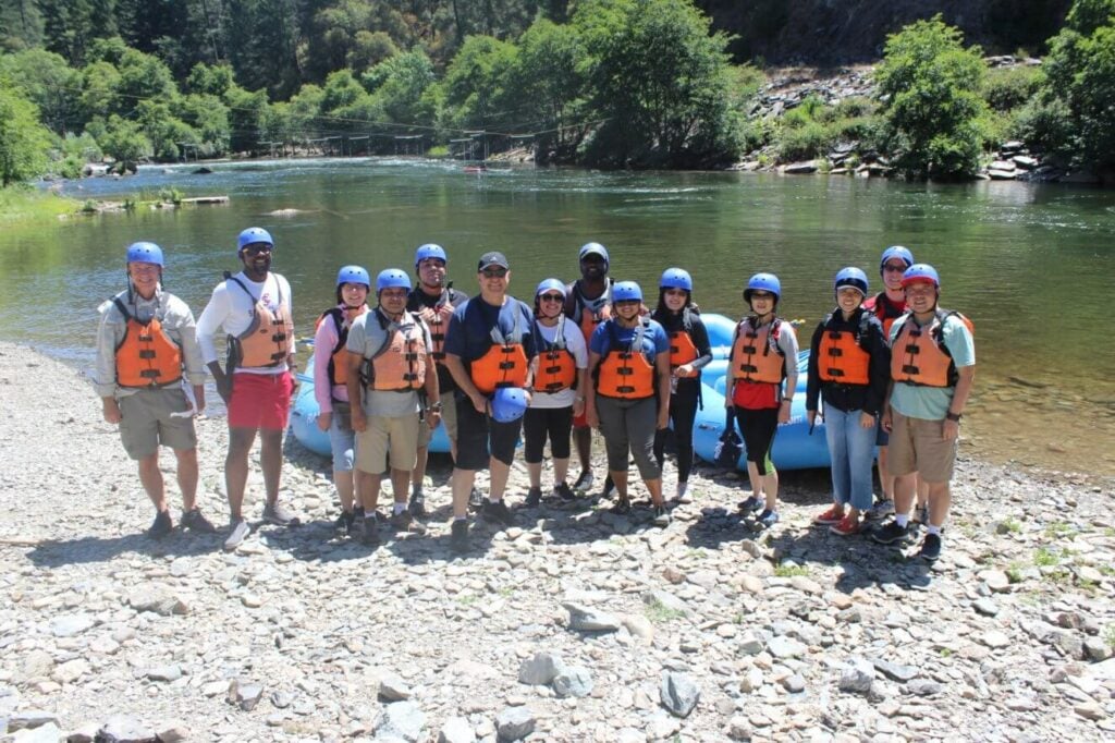Corporate group ready for a day of whitewater rafting on the South Fork of the American River