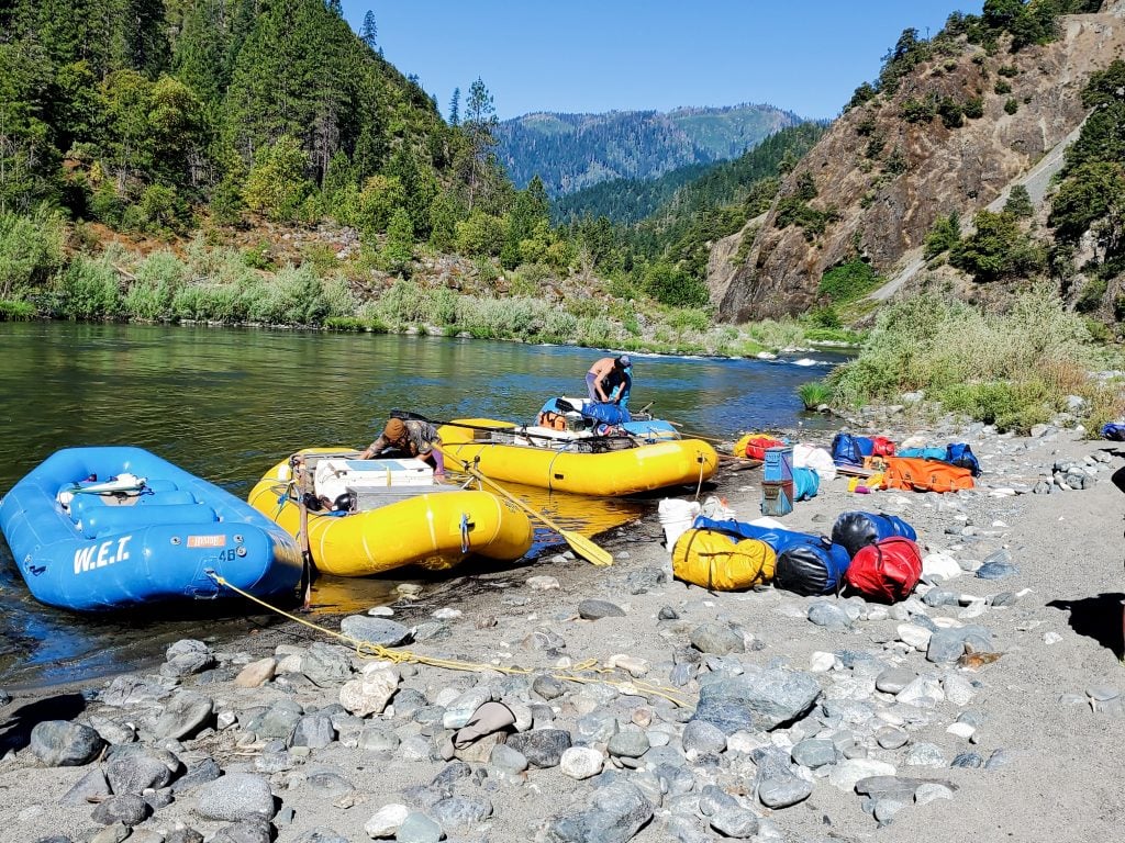 Whitewater Rafting Boats gathered on the Banks of the Klamath River