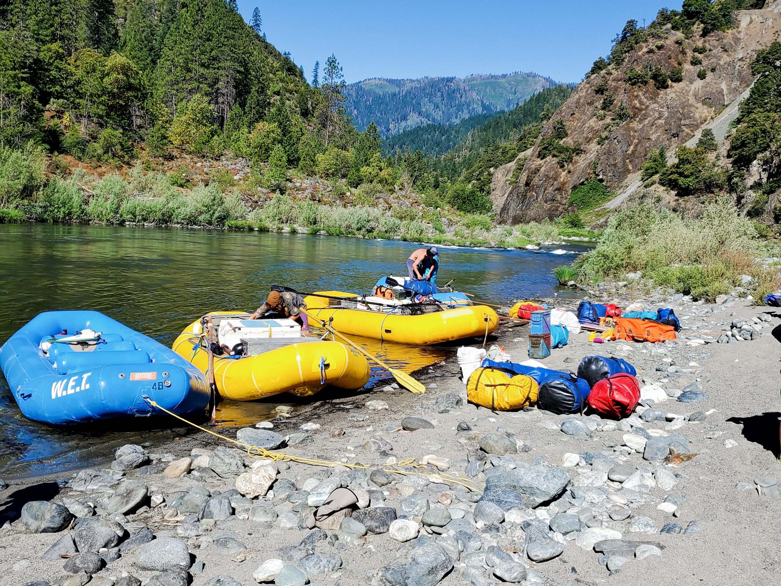 Whitewater Rafting Boats gathered on the Banks of the Klamath River