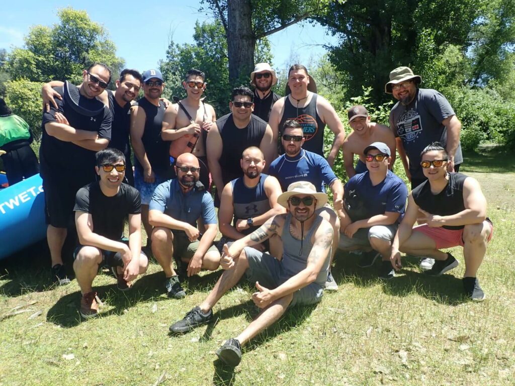 Bachelor group ready for a weekend of whitewater rafting and camping