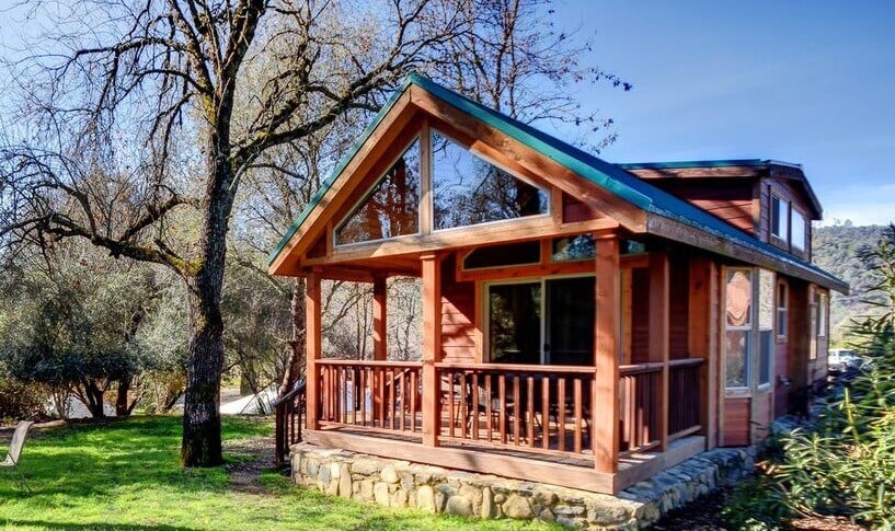 Rustic cabins along the South Fork of the American River in Coloma Resort Campground